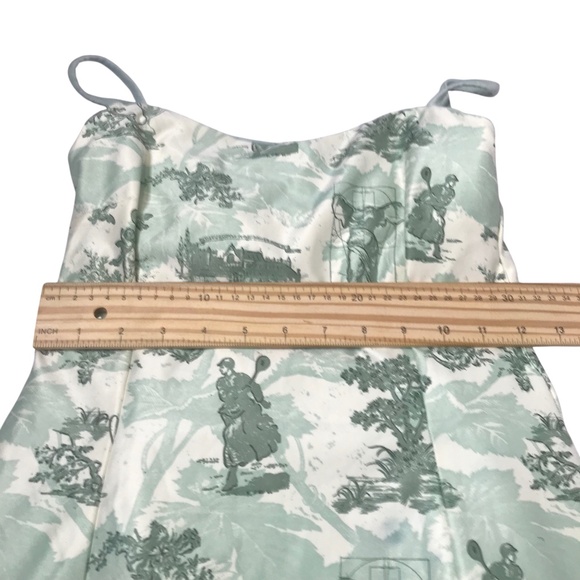 Green Cream Slip Dress – Spaghetti Strap Vintage Scenic Toile Print Sundress - Picture 4 of 8